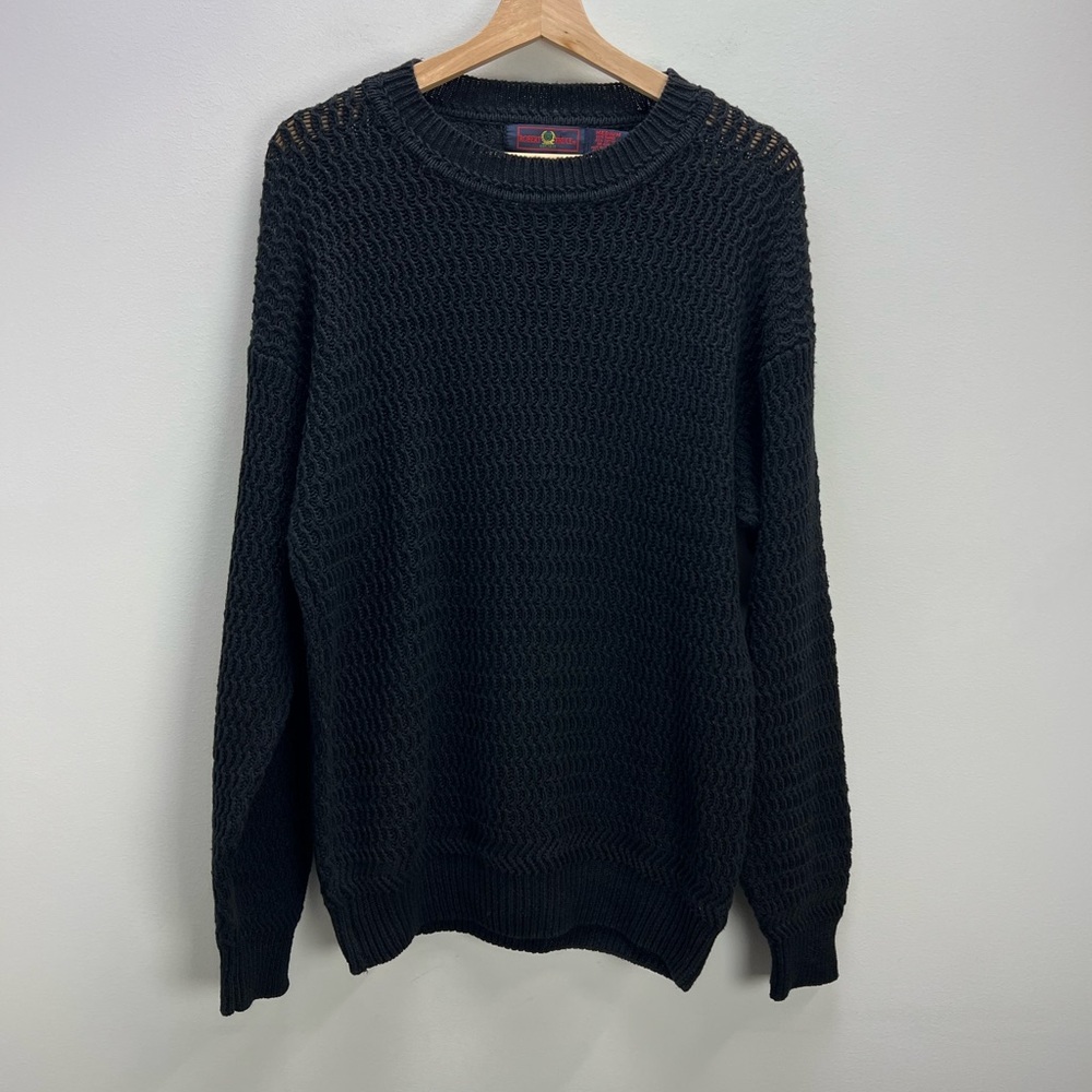 Vintage Robert Bruce Mens Black Textured Knit Sweater Ramie Cotton 3D Grandpa